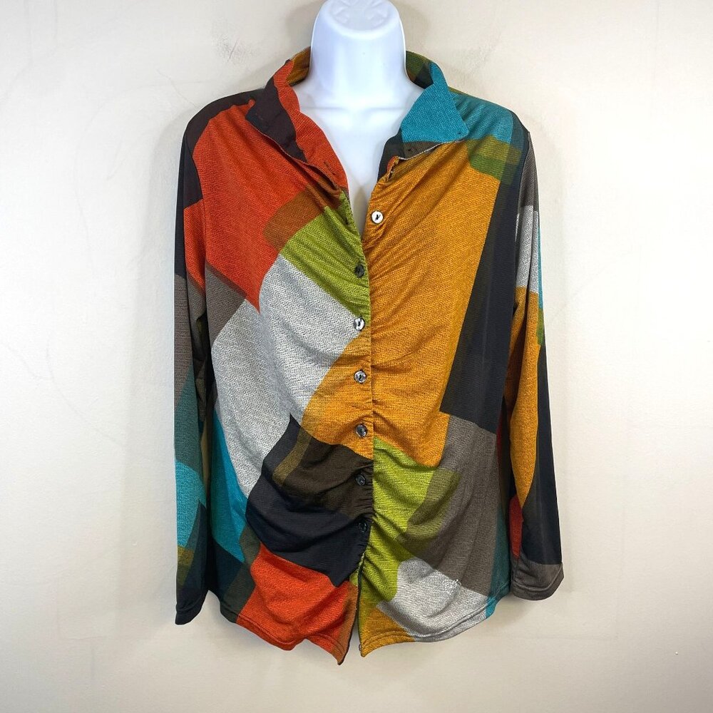 Vintage Abstract Artsy Top Womens Large Button Up Mod Ruched Knit Blouse Casual